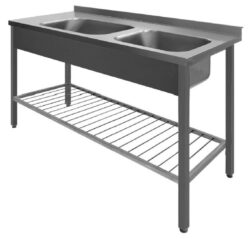 Diskbänk med 2 hoar och gallerhylla - svetsad - 70 cm djup