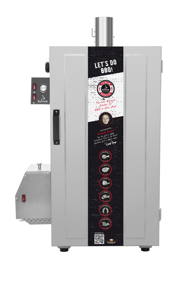 Närbild av polerat rostfritt stål på Borniak digitalt rökskåp BBDS-70V1.4