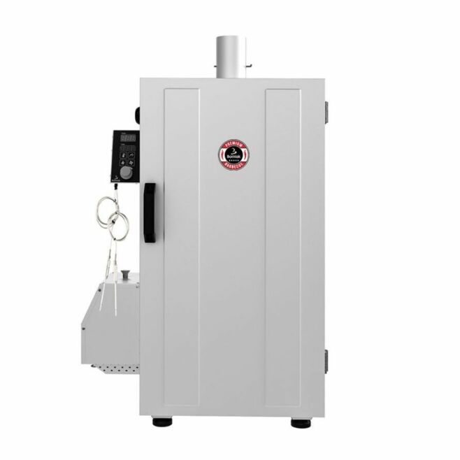 Rostfritt röksskåp Borniak WiFi 70 i borstade stålyta med digital panel vit bakgrund