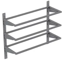 Rostfri trippel vägghylla med löstagbara sektioner och rostfria skenor - måttbeställd