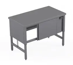 Rostfri höj/sänkbar arbetsbänk med skjutdörrar och sektionshylla - måttbeställd