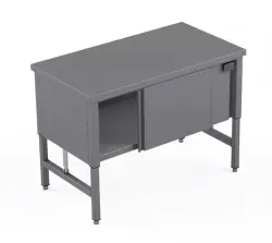 Rostfri höj/sänkbar arbetsbänk med skjutdörrar och fast rostfri hylla - måttbeställd