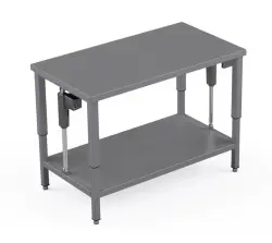 Rostfri höj/sänkbar arbetsbänk med fast rostfri hylla - måttbeställd