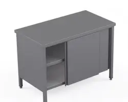 Rostfri arbetsbänk med skjutdörrar och 2 fasta rostfria hyllor - måttbeställd