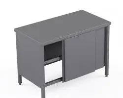 Rostfri arbetsbänk med skjutdörrar och 2 sektionshyllor - måttbeställd