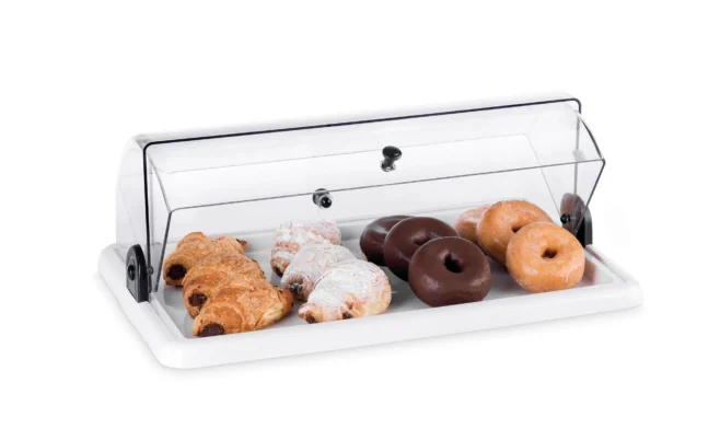 Displaybox 40x24,5 cm plast med vit bas och rullock
