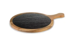 Serveringsbräda rund 21 cm svart skiffer med Akaciaträ och handtag