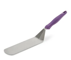 Hamburgerstekspade i kraftigt rostfritt stål med flexibel blad och lila nylonhandtag