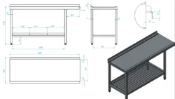 Utmatningsbänk 1600x600x870mm med gallerhyllor i segment - Nyskick