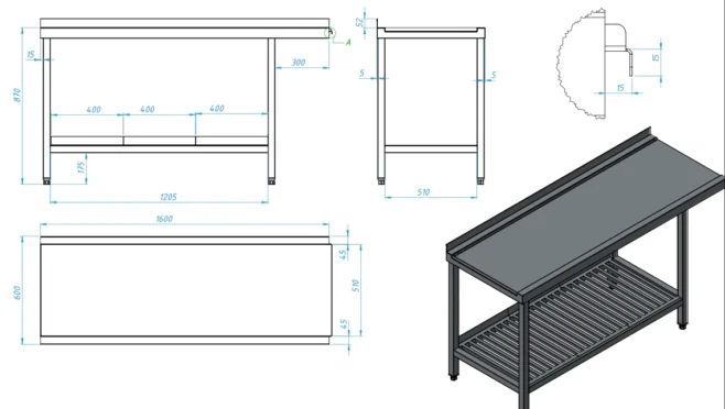 Utmatningsbänk 1600x600x870mm med gallerhyllor i segment - Nyskick