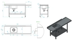Inmatningsbänk 1900x600x870mm med sektionshylla/galler och överhäng - Nyskick